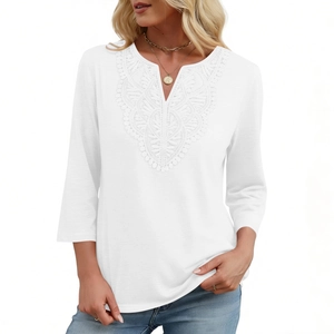 Close-up of elegant V-neckline with delicate white lace embroidery on a soft cotton top