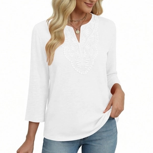 Close-up of elegant V-neckline with delicate white lace embroidery and textured fabric