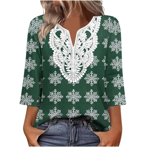 T-shirt donna con scollo a V verde scuro con pizzo bianco e stampa a fiocchi