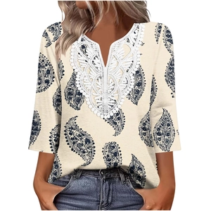 Top da donna con scollo a V, stampa paisley, pizzo bianco e maniche a 3/4