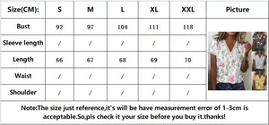 Detailed size guide table for women's V-neck floral short sleeve summer t-shirt