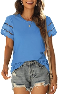 Detail of light blue t-shirt featuring hollow-out lace trim on short sleeves and round neck