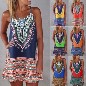 Women's Bohemian Dashiki Print Sleeveless Mini Dress Summer Ethnic Geometric V Neck A-Line Vacation Party Sleeveless Sundress
