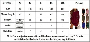 Detailed size chart for solid color long sleeve mini dress with CM measurements
