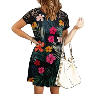 Women's summer black mini dress with tropical floral print and lace patchwork sleeves