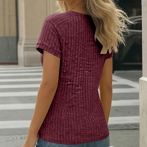 Rear view of burgundy rib-knit short sleeve t-shirt with slim fit and crew neck