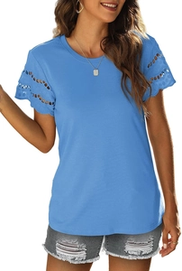 Close-up of bright blue short sleeve T-shirt featuring intricate eyelet lace cuff details
