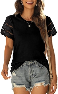 Detail of elegant black summer T-shirt featuring intricate lace hollow embroidery on sleeves