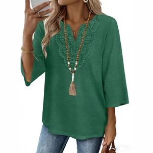 Women's V-neck dark green loose top with lace trim detailing and bohemian style 3/4 sleeves