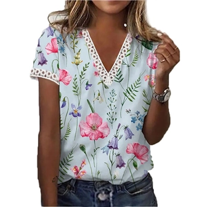 Women V-neck short sleeve T-shirt with floral print and white lace trim in light blue