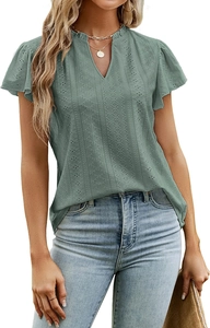 Detailed close-up of sage green eyelet embroidery and ruffled v-neck flutter sleeves