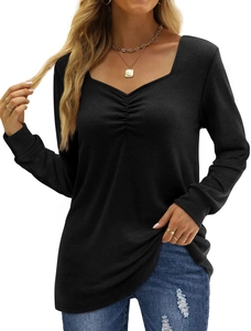 Elegant black long-sleeve T-shirt with V-neck ruched chest detail on white background