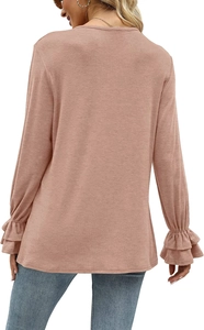Detail showing the double-layered ruffle cuffs on a mauve long-sleeve knit top for women