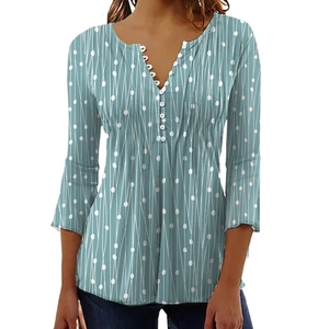 Chemisier femme col en V à manches longues avec imprimé rayures et pois bleu et blanc