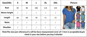Detailed size chart for V-neck short sleeve t-shirt including bust and length measurements