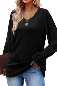 Women black long sleeve V-neck top with ruffled bell sleeves and ribbed knit texture