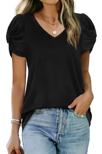 Detail of V-neckline and stylish pleated puff sleeves on this black short sleeve t-shirt