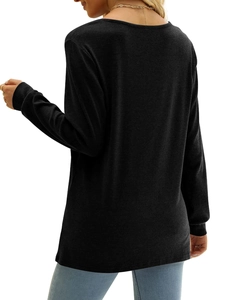 Back view of a black long sleeve knit top with a scoop neck and soft brushed texture