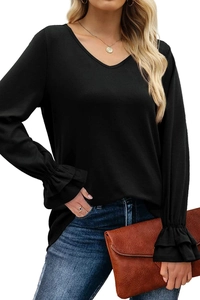 Detail of elegant V-neck long sleeve shirt featuring double-layered ruffle flare cuffs