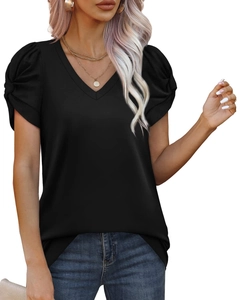 Detail of black V-neck T-shirt featuring pleated puff sleeves and a slim fit design