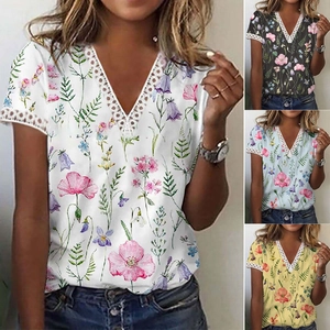 Summer Women Floral V-Neck Short Sleeve T-Shirt Casual Hollow Lace Splicing Printed Slim Fit Mid-Length Top