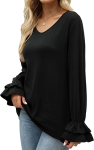 Detailed view of women's black V-neck top featuring unique layered ruffle flare cuffs