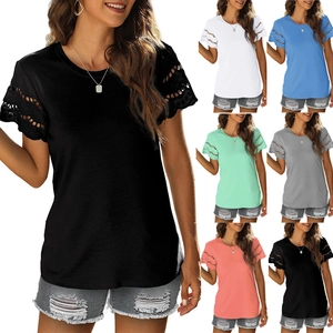 Women's Slim Fit Round Neck Short Sleeve T-Shirt With Hollow Out Lace Splicing Sleeve Cotton Blend Casual Summer Top