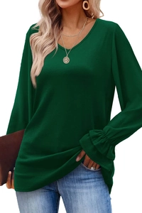 Women's deep green V-neck long sleeve T-shirt featuring elegant ruffle bell cuff details