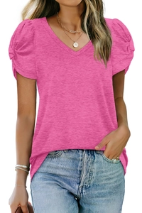 Detailed view of rose pink V-neck T-shirt featuring stylish puffed sleeves and knit texture