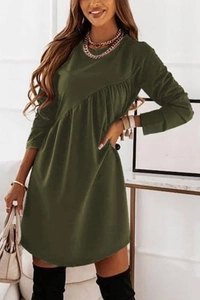 Detail view of the army green long sleeve mini dress with ruching and asymmetrical waist