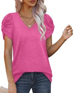 Detail of V-neckline and puff sleeve texture on hot pink short sleeve t-shirt