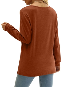 Back view of caramel long sleeve t-shirt featuring soft knit waffle texture for women