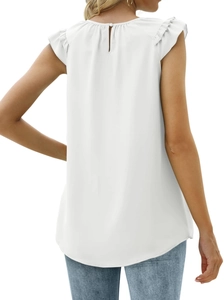 Detail view of white sleeveless chiffon top with elegant ruffled shoulders and back split