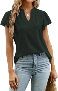 Detail of dark green V-neck top with eyelet embroidery and ruffled short sleeves