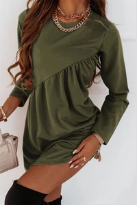Detail of army green long sleeve dress featuring stylish asymmetrical front pleats
