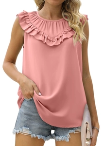 Detailed view of the double-layered ruffle neckline on this elegant pink sleeveless chiffon top