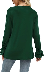 Detailed back view of dark green top featuring elegant double-layer bell ruffle cuffs