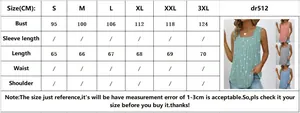 Detailed size chart for polka dot square neck sleeveless top with dimensions for S to 3XL