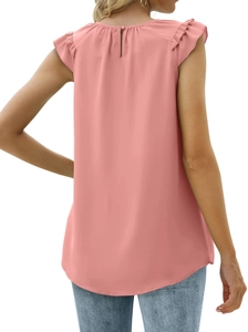 Back view of coral pink sleeveless chiffon top with neck button and ruffle shoulder details