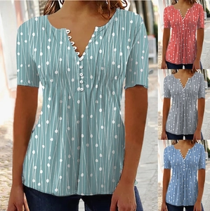 Chemisier Décontracté pour Femmes Col en V à Pois Manches Courtes Imprimé Géométrique Boutonné Blouse Été Ample Mode Haut Léger Quotidien