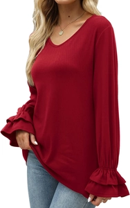 Detail of V-neck long sleeve top with ribbed wine red fabric and flare bell sleeves