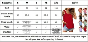 Detailed size chart for women's ribbed camisole top with S to XXL measurement guide