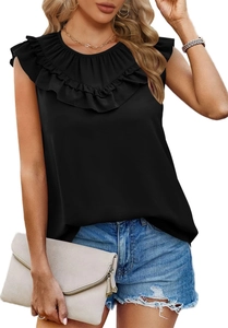 Women's black sleeveless chiffon top with ruffled neckline paired with denim shorts