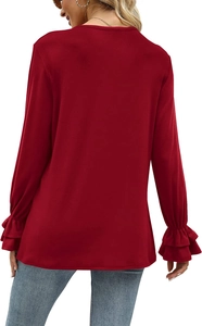 Detailed back view of burgundy long sleeve top featuring tiered ruffle bell sleeves