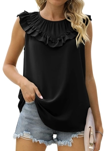 Detail of V-shaped ruffled pleats on a black sleeveless chiffon blouse for summer casual wear