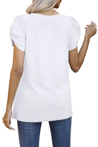 Detail view of the white puff sleeve design and fabric texture on a women's V-neck T-shirt