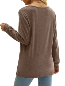 Back view of a loose-fitting brown long-sleeve knit top for women with ribbed cuffs
