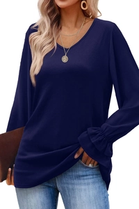 Women's dark blue V-neck long sleeve top featuring stylish flared ruffle cuffs on a plain shirt