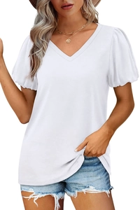 Vue détaillée du t-shirt blanc pour femme avec col en V et manches bouffantes élégantes en coton