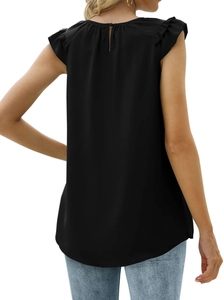 Detail of back view showing pleated ruffle armholes and keyhole closure on black tank top